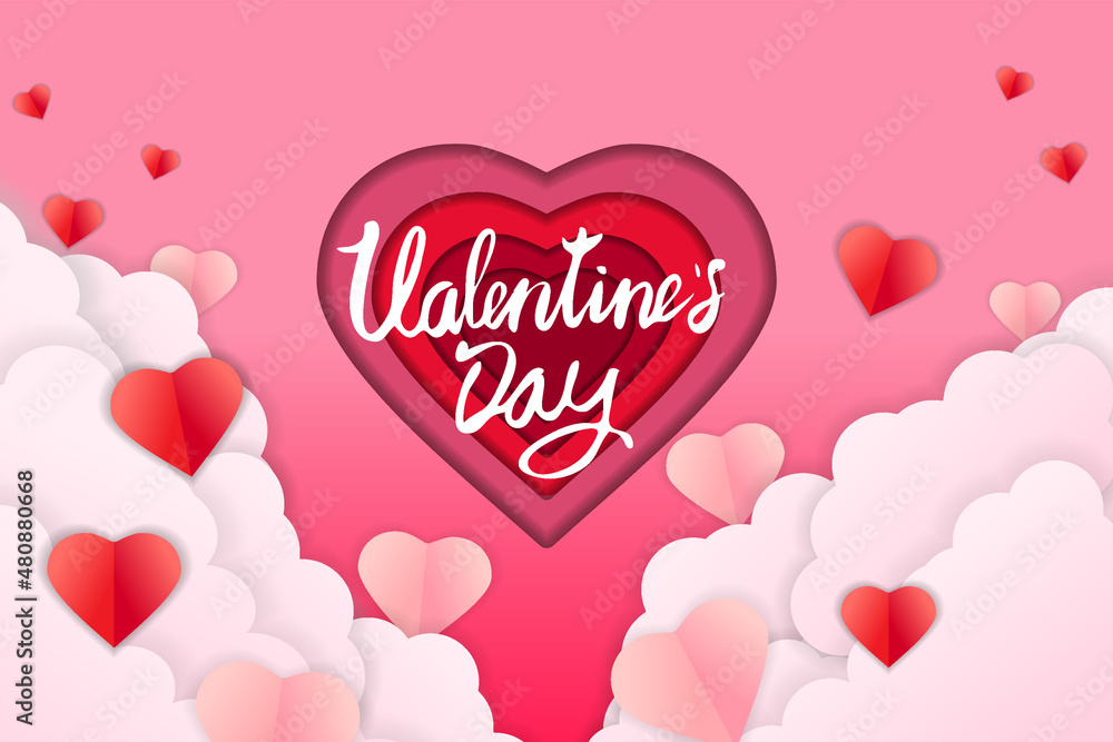 Valentine day papercut craft design banner, red pink hearts and clouds. Template background for greeting card, invitation, vector