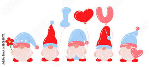 Draw gnome character vector illustration for valentine's day. Cartoon style.
