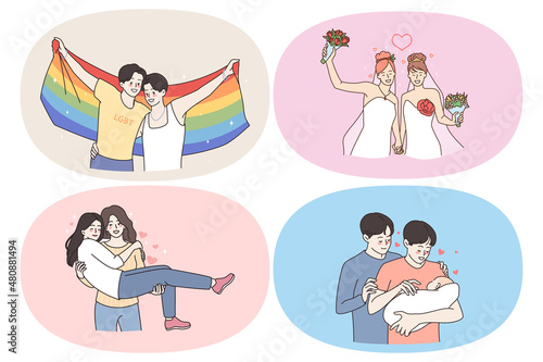 Lgbt people and Homosexual lifestyle concept. Set of young positive women lesbians and men gays having rainbow in head marrying another woman kissing hugging adopting baby vector illustration 