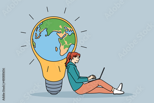 Business environment idea or strategy concept. Young smiling woman sitting with laptop having great idea concerning global ecology system vector illustration 