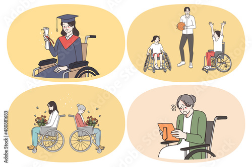 Lifestyle of wheelchair people concept. Set of young and elderly wheelchair people graduating from university playing basketball buying flowers feeling sad looking at photo vector illustration