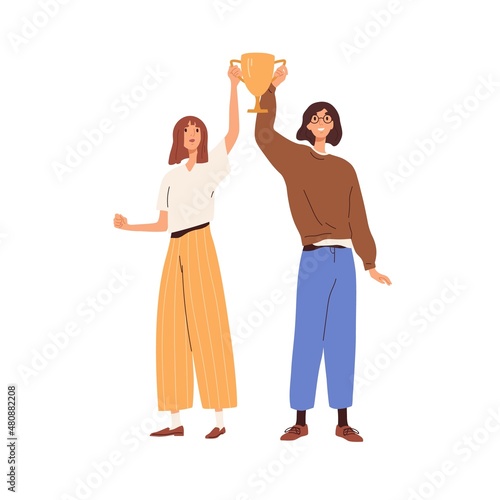 People hold winners trophy. Happy women employees with gold cup in hands. Excited office workers with award. Winning business reward concept. Flat vector illustration isolated on white background