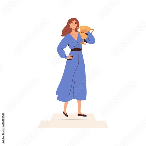 Happy winner with gold cup on pedestal. Woman champion holding award for victory. Person with reward in hands. Achievement and success concept. Flat vector illustration isolated on white background