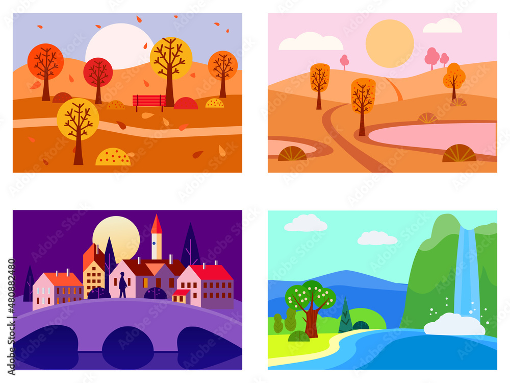 Collection of seasons landscapes spring, summer, autumn. Rural, mountaines, field, city, sea, snow, hot, rain, night. Vector minimalistic flat illustration