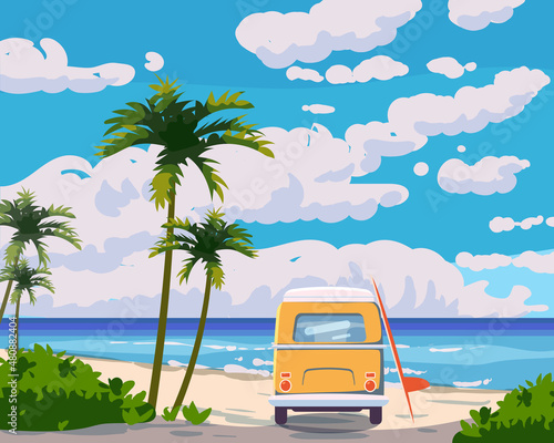 Tropical beach summer resort, seashore sand, palms, waves. Surfer van with surfboard. Ocean, sea exotical beach landscape, clouds, nature. Vector illustration