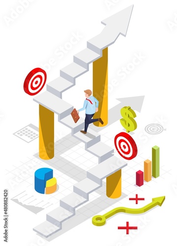 Businessman climbing up stairs to business target, vector isometric illustration. Steps to goal, path to success, career