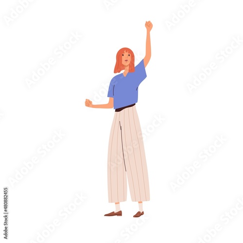 Happy excited woman celebrates success and victory, raising fist up, cheering up. Joyful cheerful person rejoices. Female with positive emotions. Flat vector illustration isolated on white background