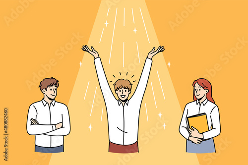 Business success and enlightenment concept. Group of three business people colleagues standing with golden light with stars going from above meaning success and development vector illustration