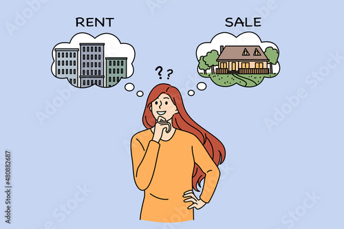 Renting and sale apartment concept. Young cheerful woman standing thinking trying to choose between renting and buying new accomodation vector illustration 