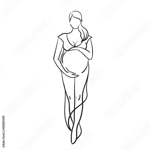 Conceptual linear illustration of a pregnant woman in a dress, healthcare, pregnancy.