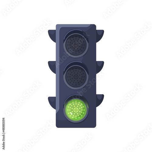 Green color signal on traffic light, allowing driving and going. Led lamp on street semaphore. Stoplight for road rules regulation and security. Flat vector illustration isolated on white background