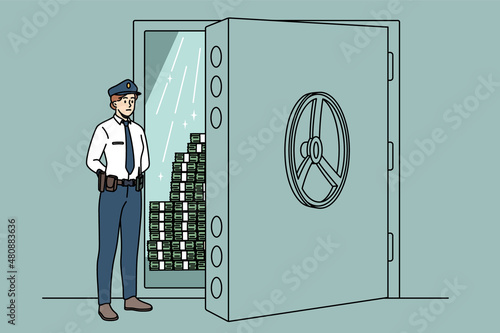 Security in bank system concept. Young woman security staff worker in uniform standing and controlling bank safe with huge money stacks vector illustration 