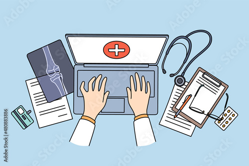 Online healthcare and telemedicine concept. Top view and flat-lay of doctors hands whiting online during virtual meeting consultation with patient vector illustration 