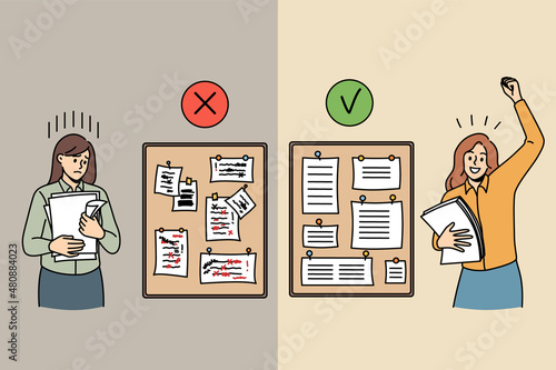 Complete and failure tasks at work concept. Sad stressed woman standing at board with not finished or lost tasks and happy worker enjoying complete duties vector illustration 