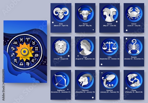 Zodiac wheel, twelve horoscope signs, vector paper cut illustration. Astrological predictions. Astrology poster template