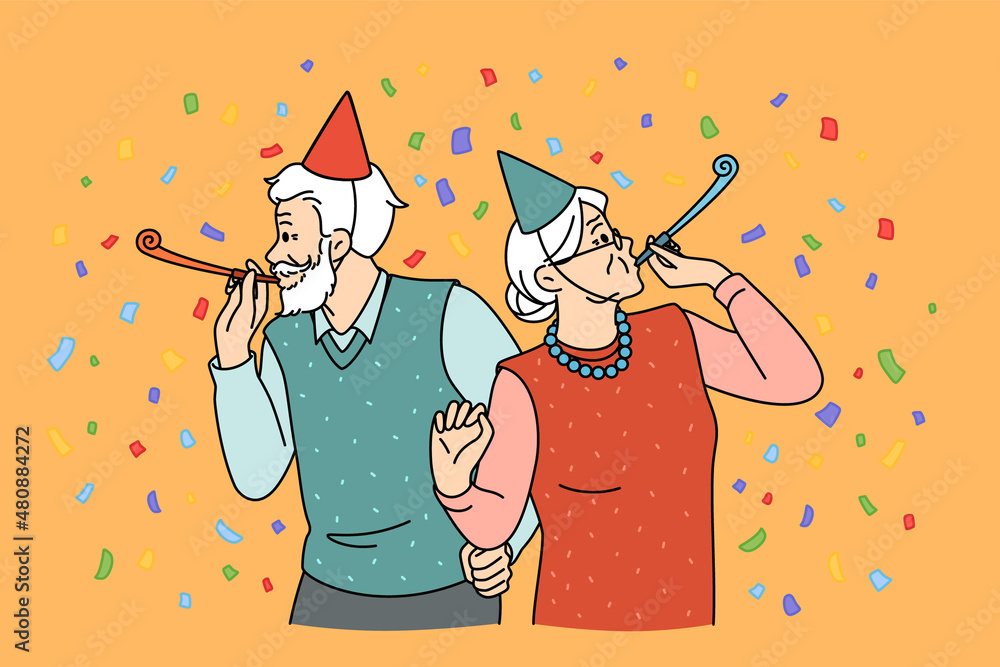 Elderly couple celebrating holiday concept. Smiling cheerful mature couple woman and man in festive clothes and accessories standing and having party celebrating birthday holiday vector illustration - obrazy, fototapety, plakaty 