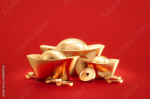 Photography Antique chinese gold coin ingot of traditional china new year holiday or golden money yuan bao currency symbol and celebration oriental treasure luck prosperity on red 3d background with festive sign