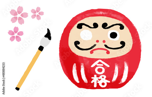 目入れを待つ片目の赤い合格だるまと桜のイラスト