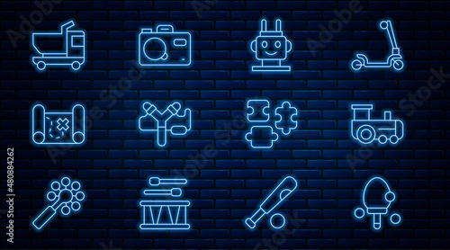 Set line Racket, Toy train, Robot toy, Slingshot, Pirate treasure map, truck, Puzzle pieces and Photo camera icon. Vector