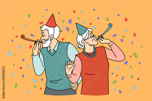Elderly couple celebrating holiday concept. Smiling cheerful mature couple woman and man in festive clothes and accessories standing and having party celebrating birthday holiday vector illustration