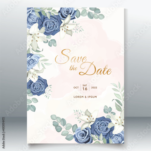 Wedding card with dusty blue roses template