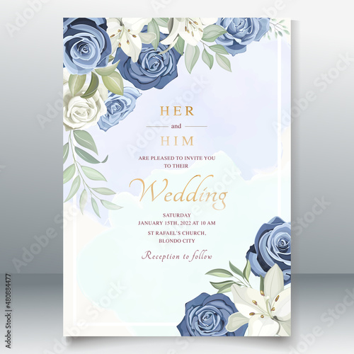 Wedding card with dusty blue roses template