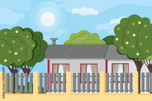 Gray house with garden of apple trees and gray wooden fence. Vector illustration in flat style. Concept of country holiday in nature.