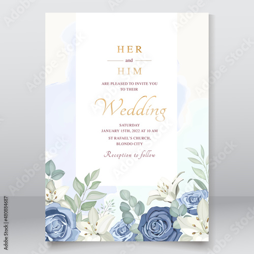 Wedding card with dusty blue roses template
