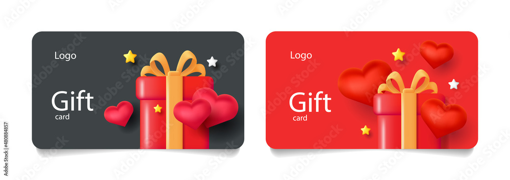 Gift cards or voucher template for Valentines Day with 3d gift box and ...