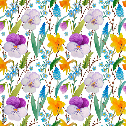 Watercolor seamless pattern with pansies and spring flowers