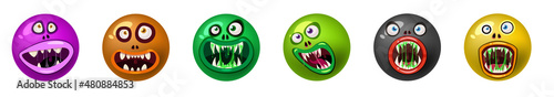Set od Monster face cartoon round icons head Halloween characters. Illustration, sticker, emblem funny cute mask, vector