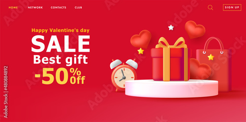 Valentines day salebanner with 3d composition of gift box on a pedestal with hearts, shopping bag and clock around it photo