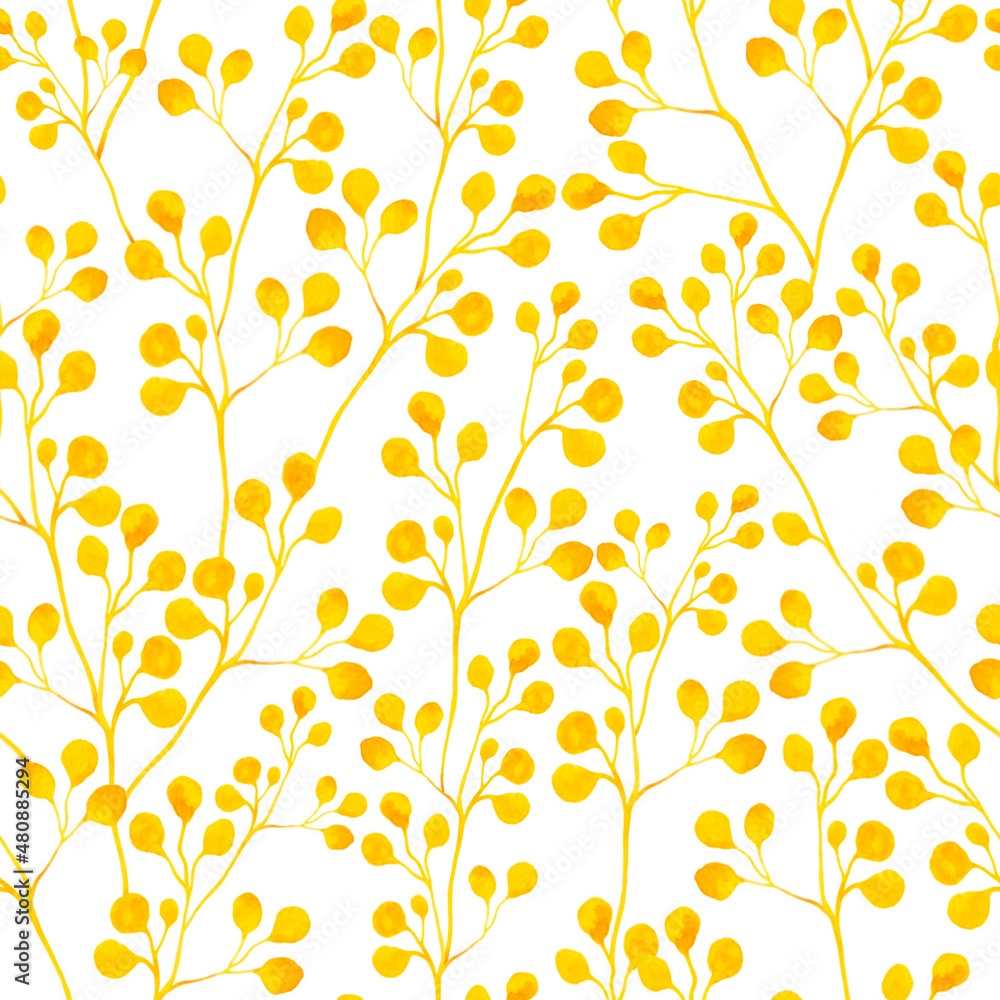 Romantic ditsy floral pattern: yellow watercolor branches on white background. Hand-drawn minimal fabric texture. Wallpaper in boho style. Vintage scrapbook and wrapping paper. Cozy home decor print.