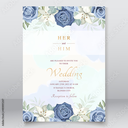 Wedding card with dusty blue roses