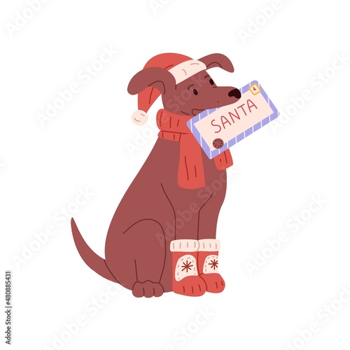 Christmas dog with paper mail. Cute puppy holding New Year envelope with letter for Santa. Xmas doggy in holiday cap, winter scarf and socks. Flat vector illustration isolated on white background