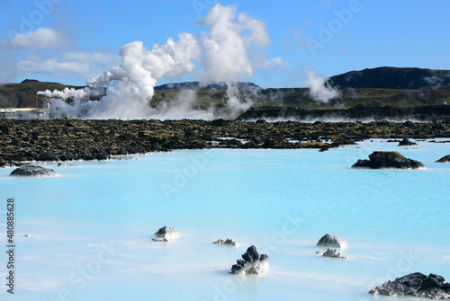 Blue Lagoon mineral hot springs, Svartsengi Geo-Thermal Plant in the background, Grindavík close to Keflavik, Reykjanes Peninsula, Iceland, Polar Regions.