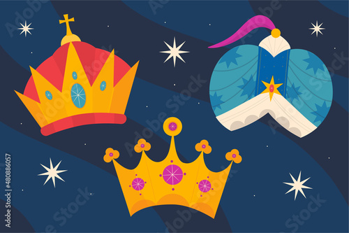 Leinwand Poster Flat reyes magos crowns set Vector illustration.