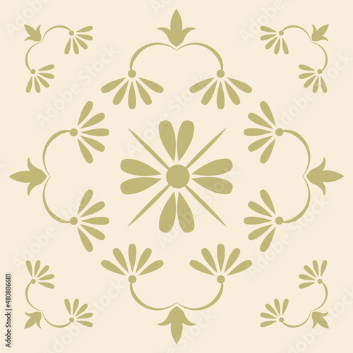 Vintage ornamental tile, gold pattern on beige background