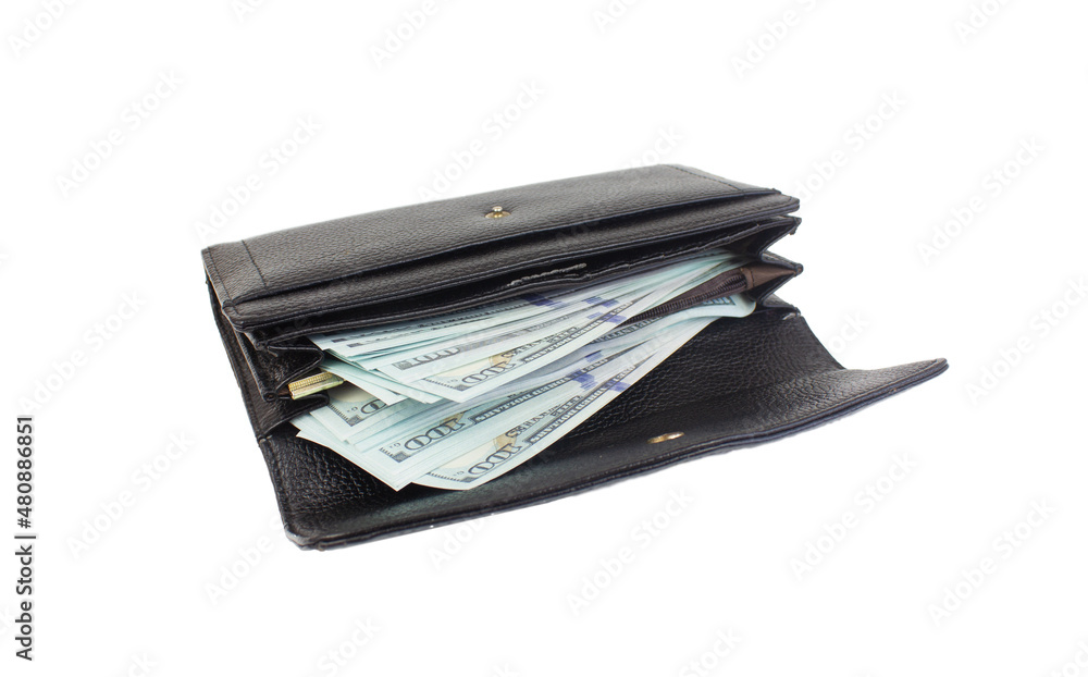 Black wallet with dollar bills isolated on a white background. Black wallet with dollar bills isolated on a white background.