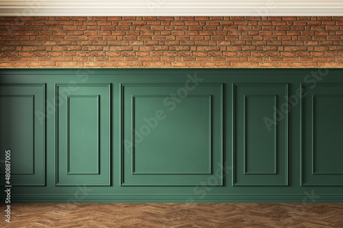 Classic loft interior with green wall panel, moldings and brick wall. 3d render illustration mockup.