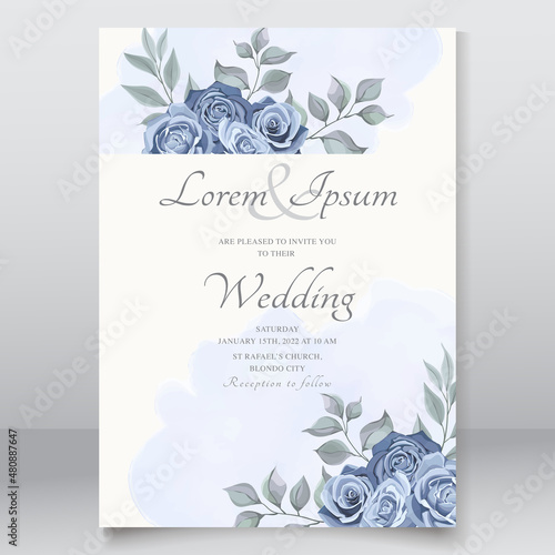Wedding card with dusty blue roses template
