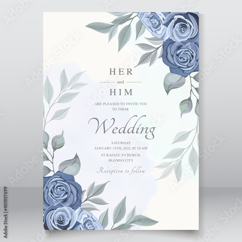 Wedding card with dusty blue roses template