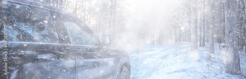 SUV forest winter, car on a forest road, landscape seasonal snow forest view