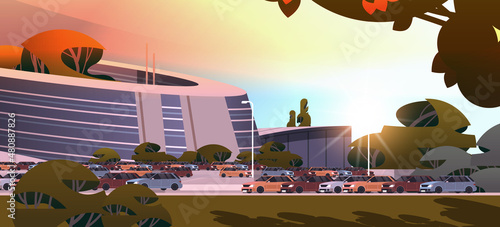 future city futuristic unusual shapes buildings and green trees modern architecture urban town sunset cityscape