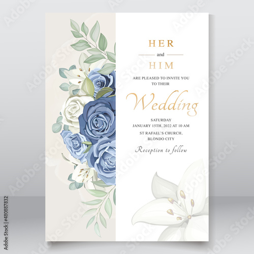 Wedding card with dusty blue roses template