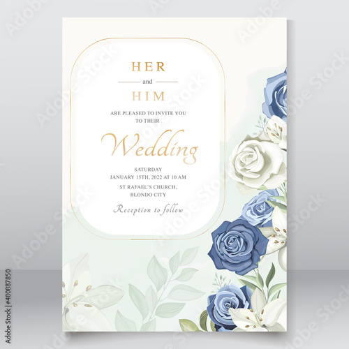 Wedding card with dusty blue roses template