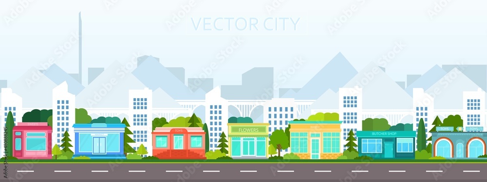 Vector poster overlooking city buildings. City view. Modern city with skyscrapers.	