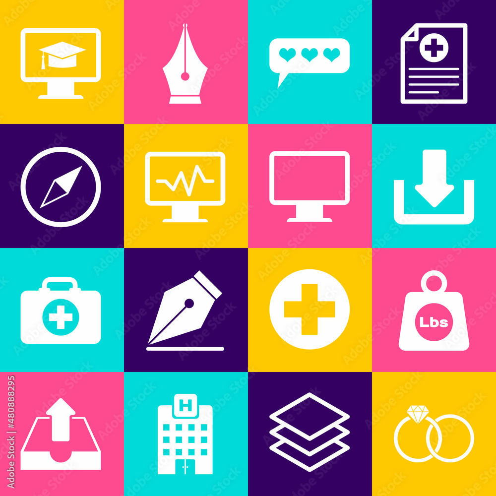 Set Wedding rings, Weight pounds, Download, Like and heart, Monitor with cardiogram and Wind rose icon. Vector Set Wedding rings, Weight pounds, Download, Like and heart, Monitor with cardiogram and Wind rose icon. Vector