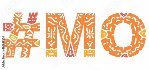 MO Hashtag. Multicolored bright isolate curves doodle letters. Hashtag #MO is abbreviation for the US American state Missouri for social network, web resources, mobile apps.
