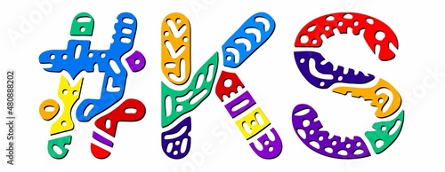 KS Hashtag. Multicolored bright isolate curves doodle letters. Hashtag #KS is abbreviation for the US American state Kansas for social network, web resources, mobile apps.